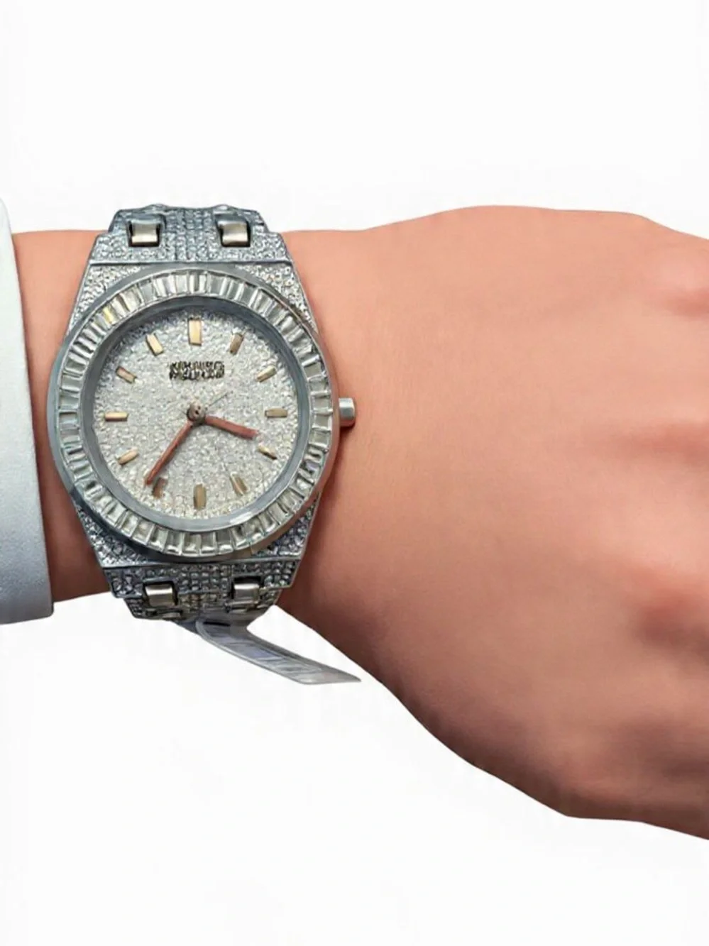 Montres Prestige Luxe Full Pave Silver Crystal Watch 42.5mm